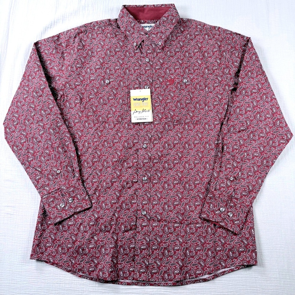 Wrangler George Strait Mens Shirt Large Burgundy Paisley L/S Relaxed Stretch - Picture 2 of 6